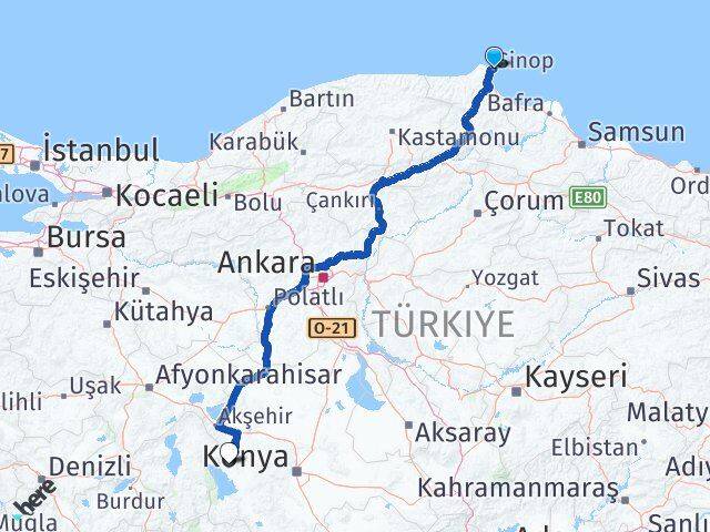 Sinop Hüyük Konya Arası Kaç Km - Yol Haritası
