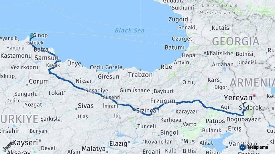 Sinop Iğdır Arası Kaç Km - Yol Haritası