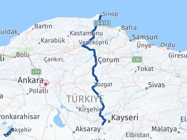 Sinop İncesu Kayseri Arası Kaç Km - Yol Haritası