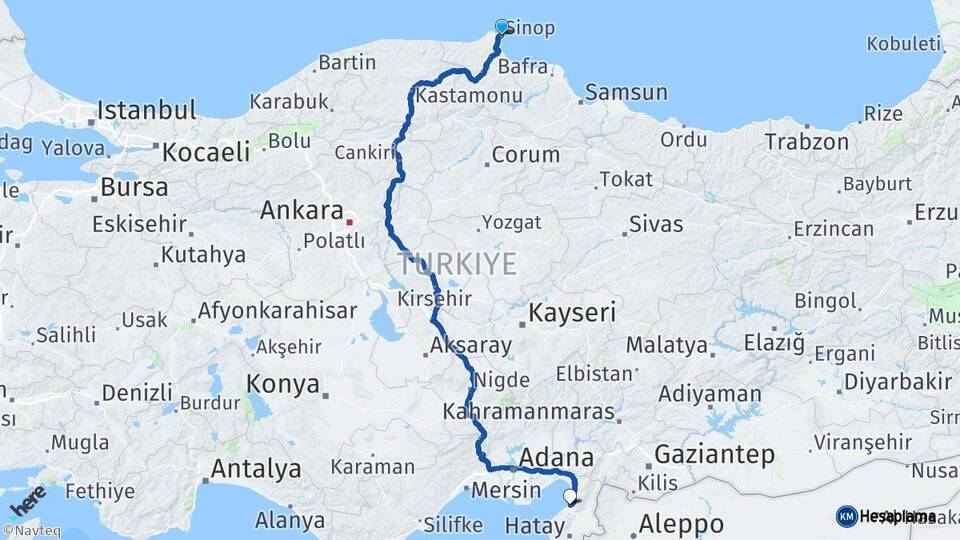 Sinop İskenderun Hatay Arası Kaç Km - Yol Haritası