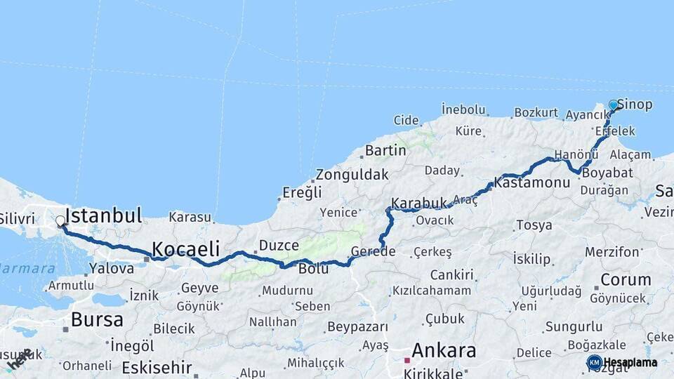 Sinop İstanbul Arası Kaç Km - Yol Haritası