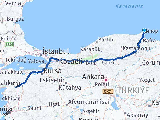 Sinop İvrindi Balıkesir Arası Kaç Km - Yol Haritası