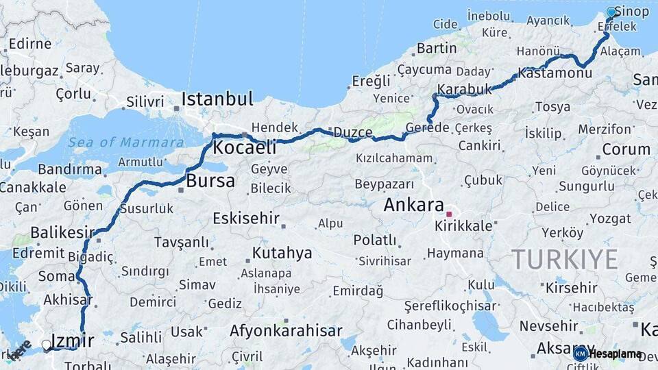 Sinop İzmir Arası Kaç Km - Yol Haritası