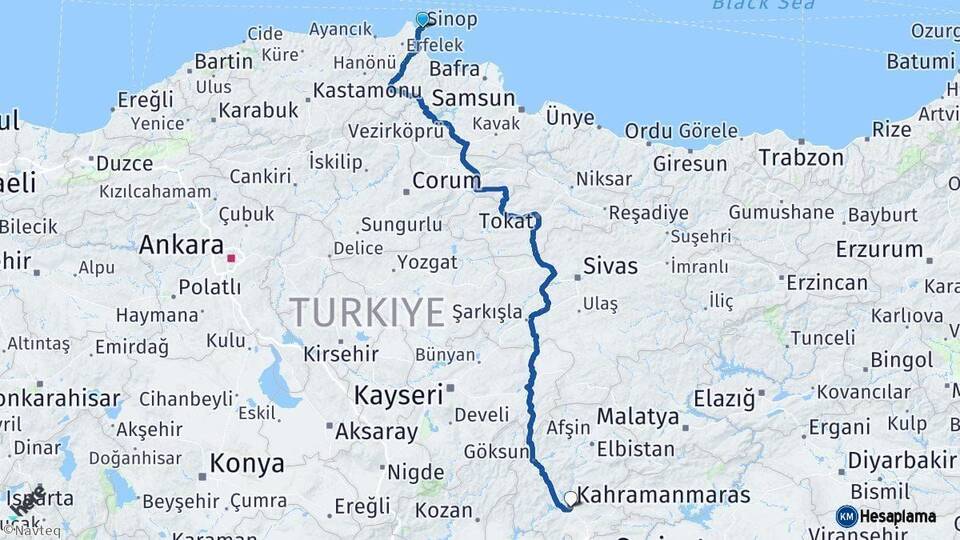 Sinop Kahramanmaraş Arası Kaç Km - Yol Haritası