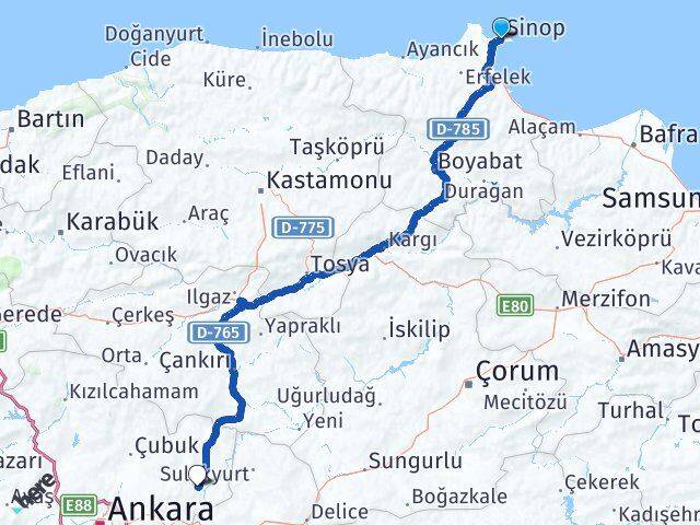 Sinop Kalecik Ankara Arası Kaç Km - Yol Haritası