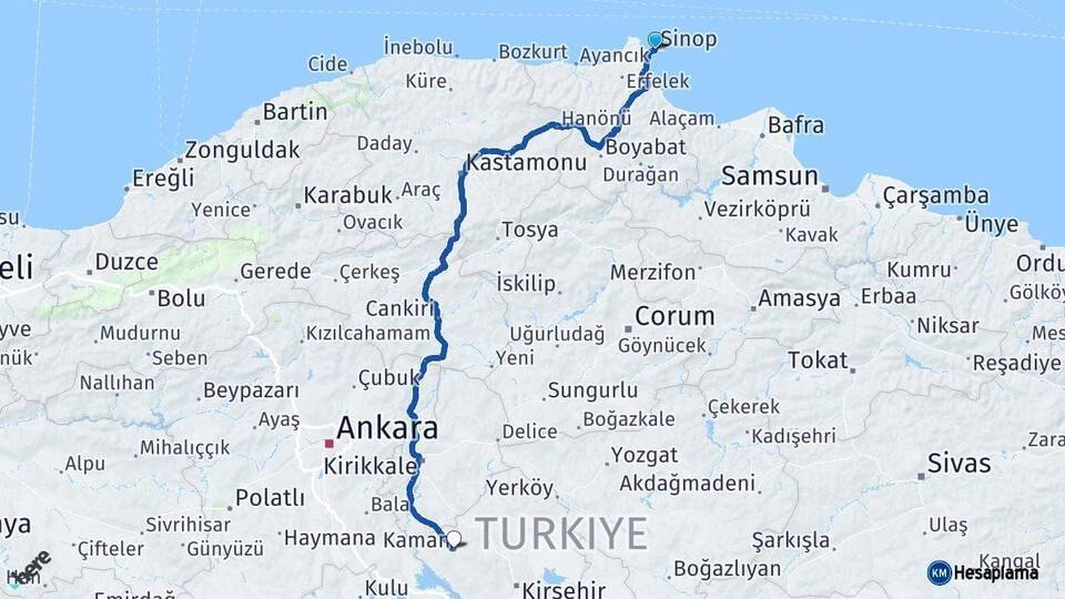 Sinop Kaman Kırşehir Arası Kaç Km - Yol Haritası