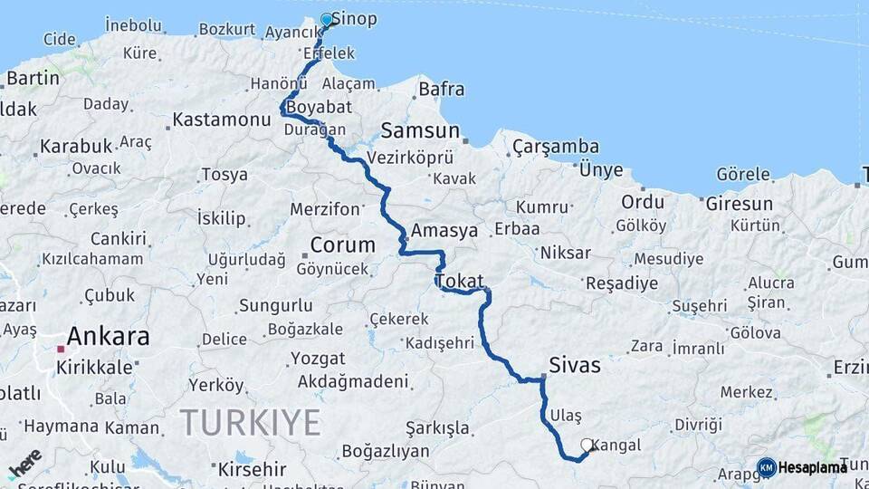 Sinop Kangal Sivas Arası Kaç Km - Yol Haritası