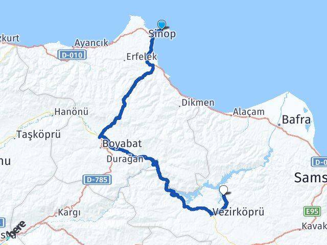Sinop Kaplancık Vezirköprü Samsun Arası Kaç Km - Yol Haritası