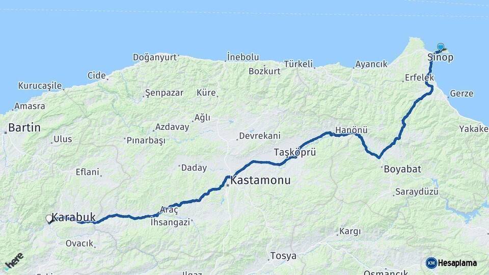 Sinop Karabük Arası Kaç Km - Yol Haritası