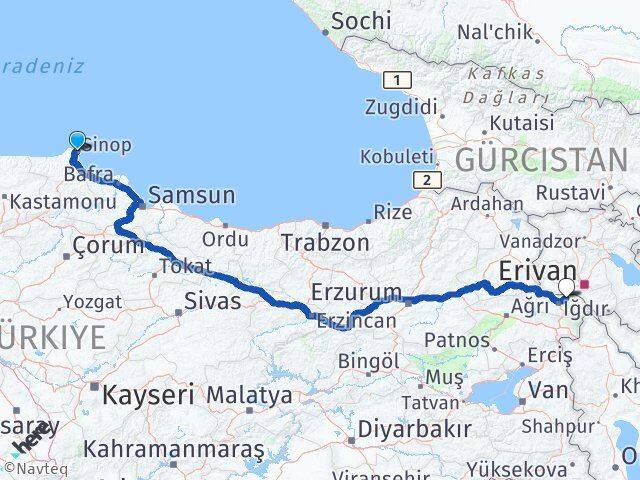 Sinop Karakoyunlu Iğdır Arası Kaç Km - Yol Haritası