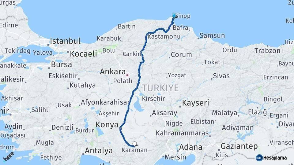 Sinop Karaman Arası Kaç Km - Yol Haritası
