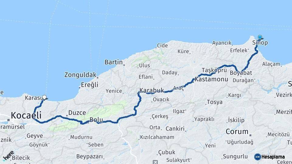 Sinop Karasu Sakarya Arası Kaç Km - Yol Haritası