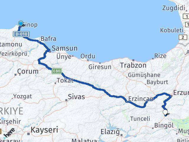 Sinop Karlıova Bingöl Arası Kaç Km - Yol Haritası