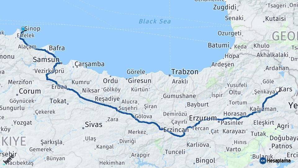 Sinop Kars Arası Kaç Km - Yol Haritası