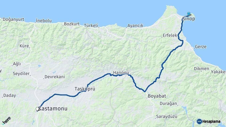 Sinop Kastamonu Arası Kaç Km - Yol Haritası