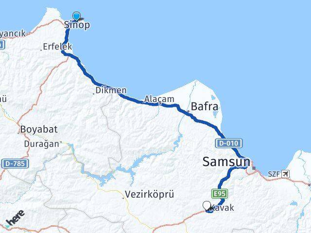 Sinop Kavak Samsun Arası Kaç Km - Yol Haritası
