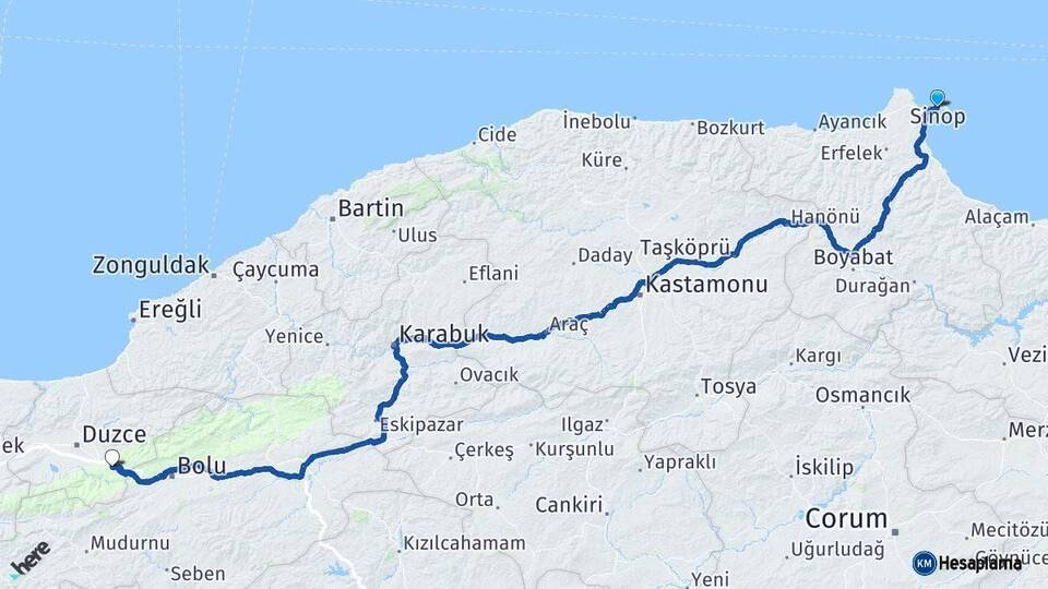 Sinop Kaynaşlı Düzce Arası Kaç Km - Yol Haritası