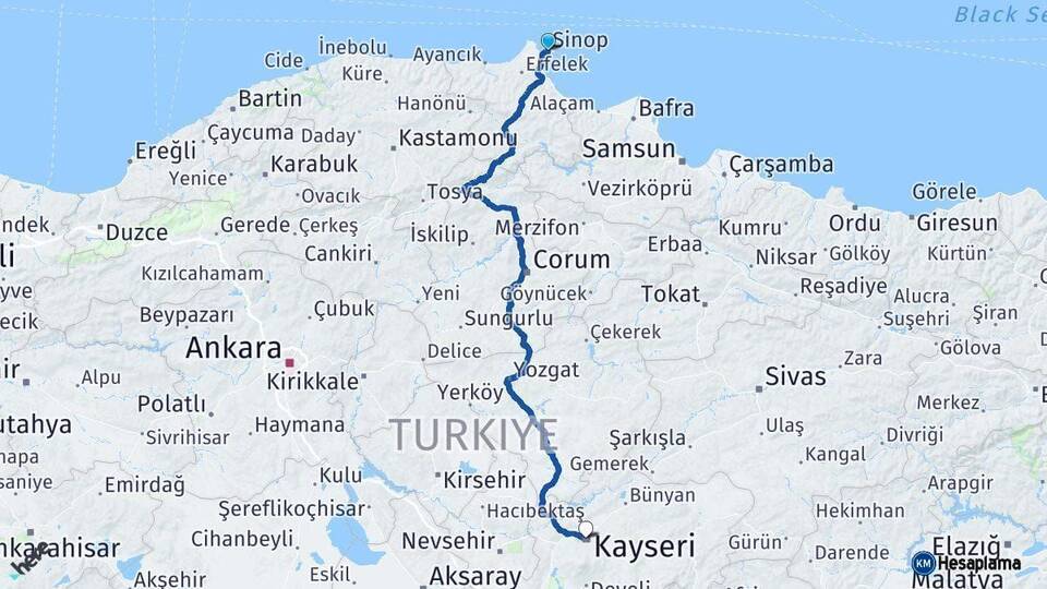 Sinop Kayseri Arası Kaç Km - Yol Haritası