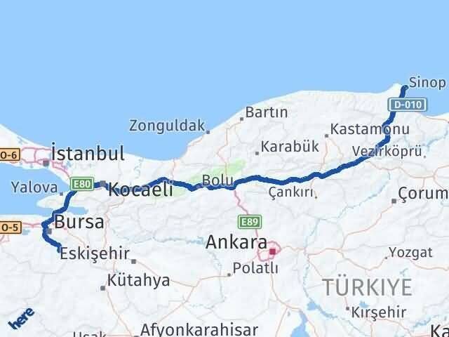 Sinop Keles Bursa Arası Kaç Km - Yol Haritası