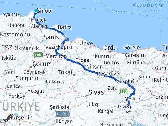 Sinop Kemaliye Erzincan Arası Kaç Km - Yol Haritası