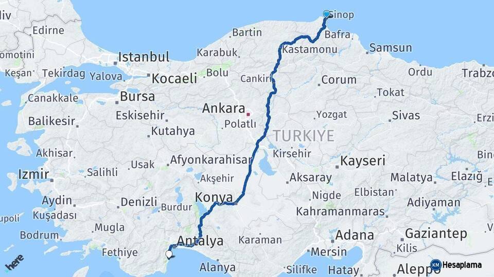 Sinop Kemer Antalya Arası Kaç Km - Yol Haritası