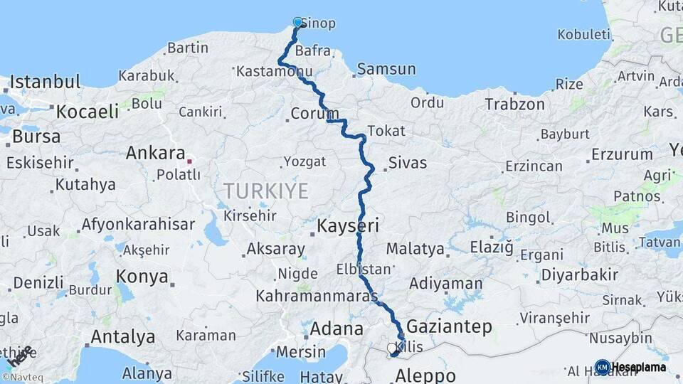 Sinop Kilis Arası Kaç Km - Yol Haritası