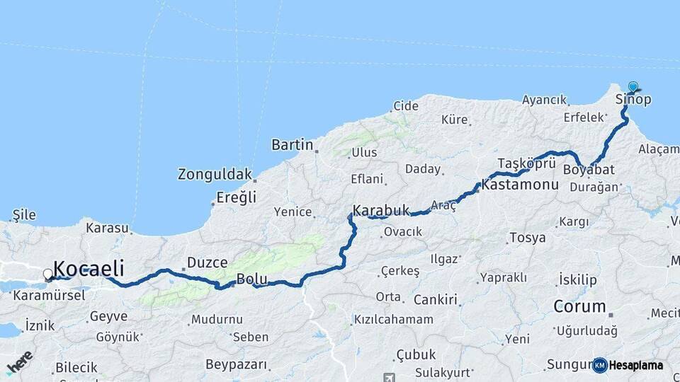 Sinop Kocaeli Arası Kaç Km - Yol Haritası