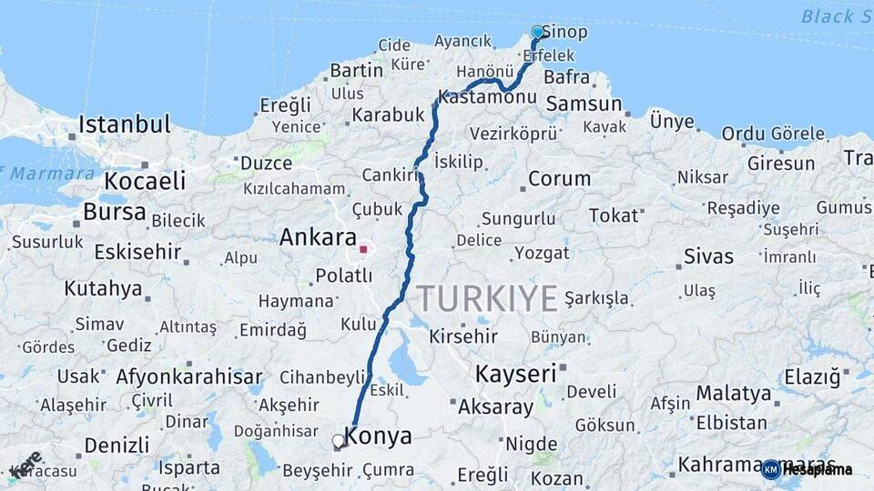Sinop Konya Arası Kaç Km - Yol Haritası