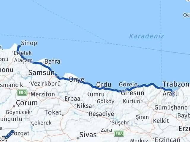 Sinop Köprübaşı Trabzon Arası Kaç Km - Yol Haritası