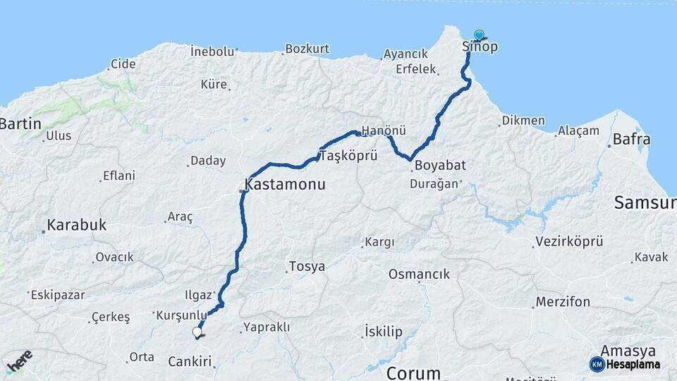 Sinop Korgun Çankırı Arası Kaç Km - Yol Haritası