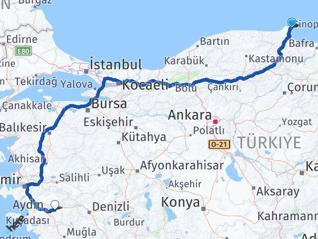 Sinop Köşk Aydın Arası Kaç Km - Yol Haritası