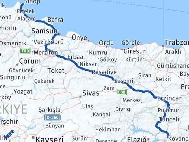 Sinop Kovancılar Elazığ Arası Kaç Km - Yol Haritası