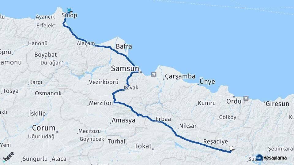 Sinop Koyulhisar Sivas Arası Kaç Km - Yol Haritası