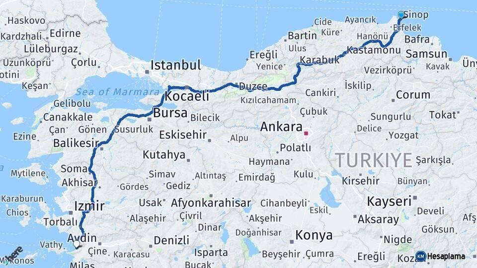 Sinop Kuşadası Aydın Arası Kaç Km - Yol Haritası