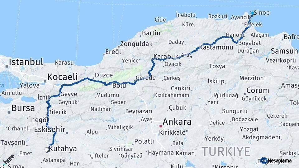 Sinop Kütahya Arası Kaç Km - Yol Haritası