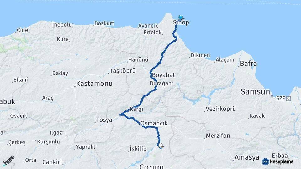Sinop Laçin Çorum Arası Kaç Km - Yol Haritası