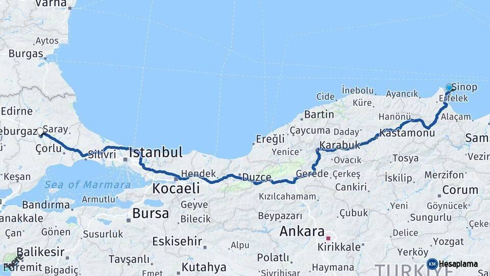 Sinop Lüleburgaz Kırklareli Arası Kaç Km - Yol Haritası