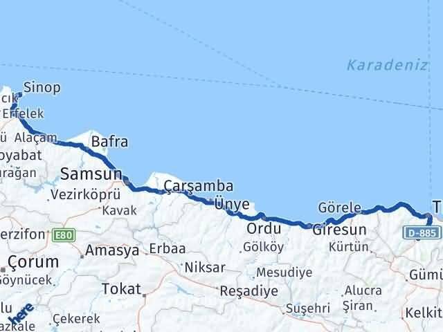 Sinop Maçka Trabzon Arası Kaç Km - Yol Haritası