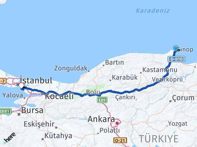 Sinop Maltepe İstanbul Arası Kaç Km - Yol Haritası