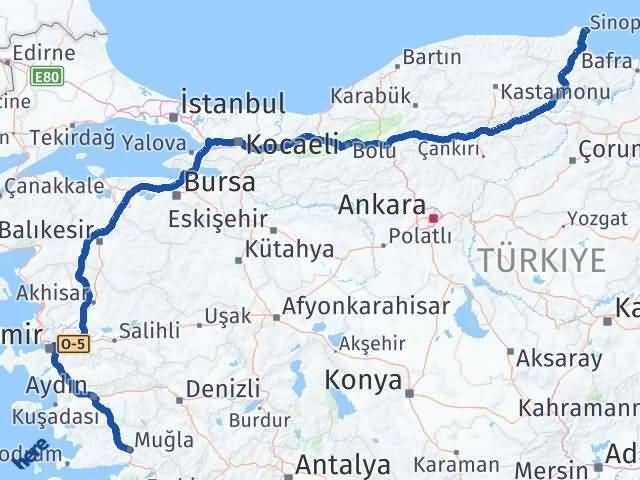 Sinop Menteşe Muğla Arası Kaç Km - Yol Haritası