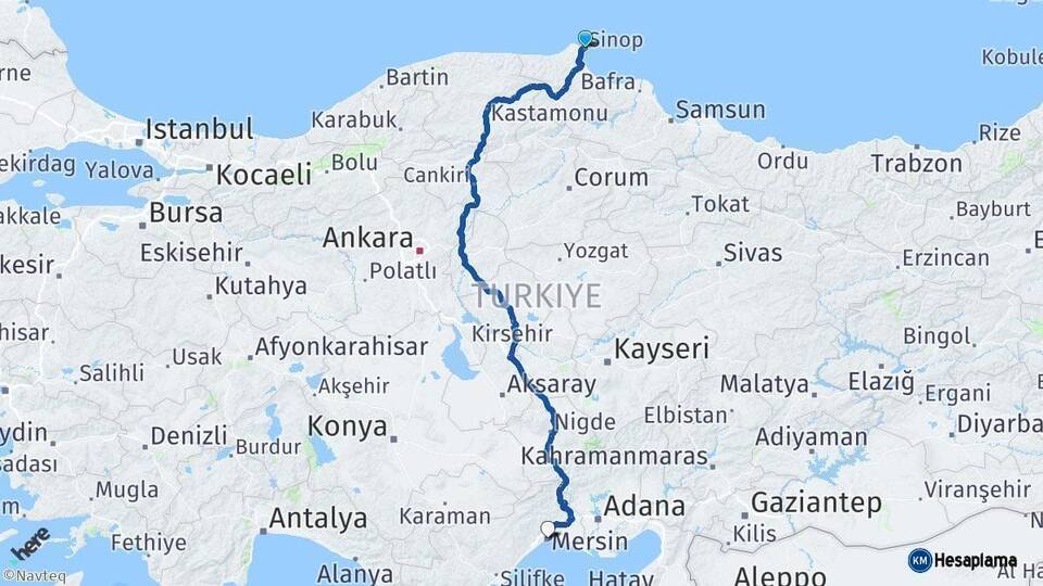 Sinop Mersin Arası Kaç Km - Yol Haritası