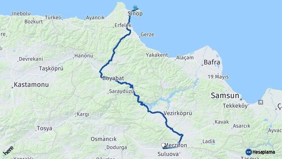 Sinop Merzifon Amasya Arası Kaç Km - Yol Haritası