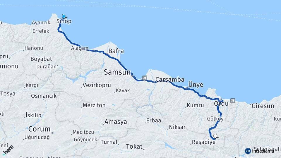 Sinop Mesudiye Ordu Arası Kaç Km - Yol Haritası
