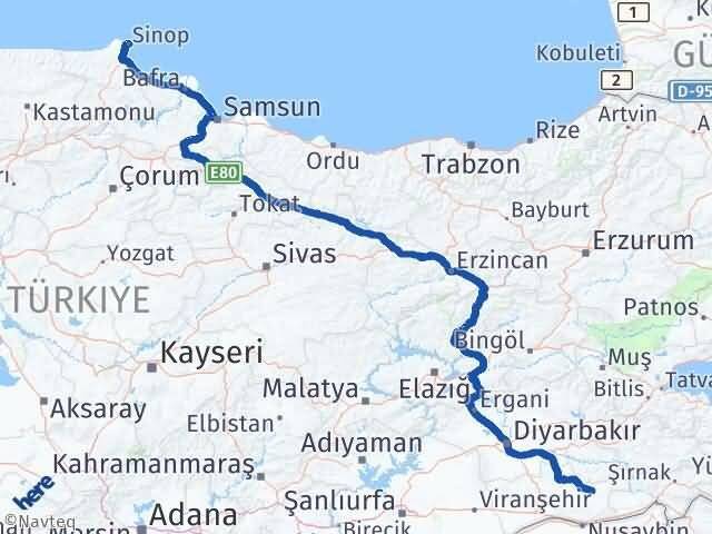 Sinop Midyat Mardin Arası Kaç Km - Yol Haritası