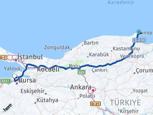 Sinop Mudanya Bursa Arası Kaç Km - Yol Haritası