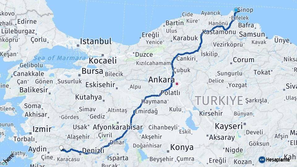 Sinop Nazilli Aydın Arası Kaç Km - Yol Haritası
