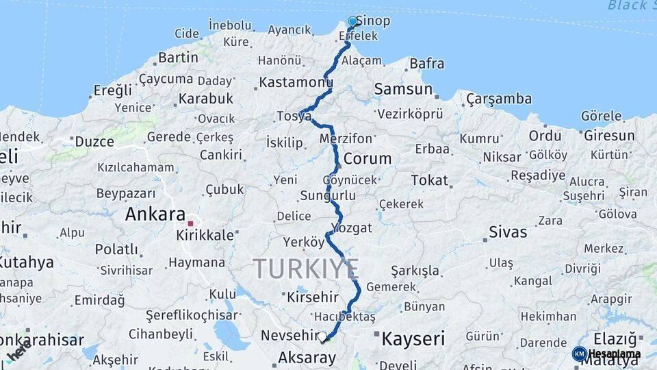 Sinop Nevşehir Arası Kaç Km - Yol Haritası