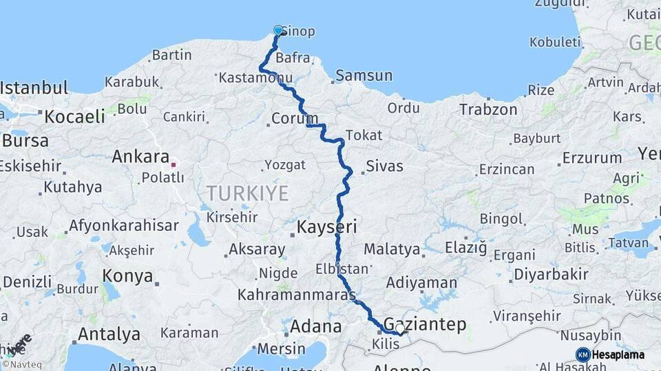 Sinop Nizip Gaziantep Arası Kaç Km - Yol Haritası