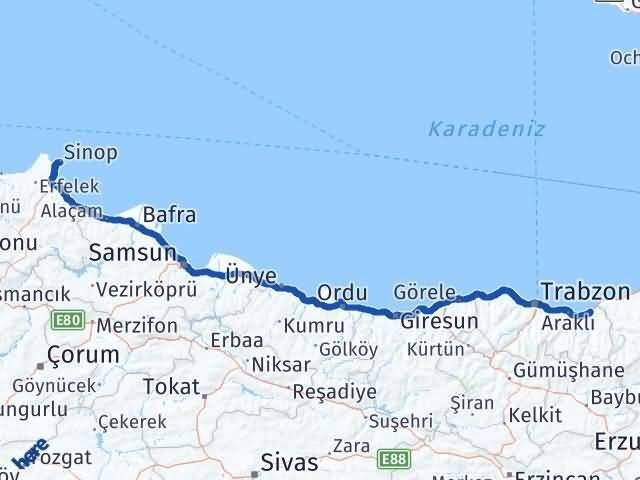 Sinop Of Trabzon Arası Kaç Km - Yol Haritası
