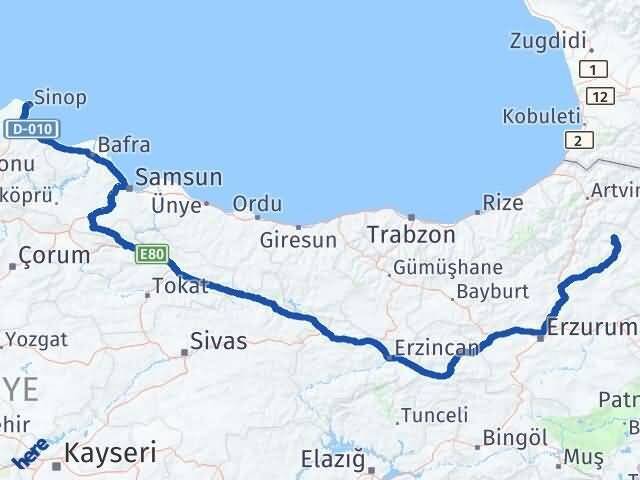 Sinop Olur Erzurum Arası Kaç Km - Yol Haritası